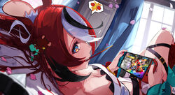  absurdres animal_ear_fluff animal_ears asymmetrical_sleeves black_hair blue_eyes blue_nails blue_sleeves breasts cleavage detached_sleeves female food food_in_mouth hakos_baelz highres holding holding_food holding_pocky hololive hololive_english long_hair looking_at_viewer mario_(series) mario_kart mario_kart_8 medium_breasts mouse_ears mouse_girl moyomo mr._squeaks_(hakos_baelz) multicolored_hair nail_polish navel nintendo_switch pocky pocky_in_mouth red_hair red_nails red_sleeves shirt smile strapless strapless_shirt streaked_hair thigh_strap virtual_youtuber white_hair white_shirt 