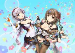  2girls :d :o bare_shoulders blue_background blue_eyes bodysuit braid breasts brown_eyes brown_hair brown_legwear cleavage crossover girls&#039;_frontline holding_hands honkai_(series) honkai_impact_3rd hue301 jacket k2_(girls&#039;_frontline) kiana_kaslana kiana_kaslana_(white_comet) long_sleeves looking_at_viewer multiple_girls navel pantyhose showgirl_skirt side_ponytail smile twin_braids white_bodysuit white_jacket 