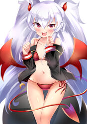  aru_(arudes) bare_shoulders bikini black_jacket blush bombergirl collarbone demon_girl demon_horns demon_tail demon_wings female grey_hair grim_aloe highres horns index_finger_raised jacket long_hair long_sleeves looking_at_viewer oerba_yun_fang open_mouth quiz_magic_academy_the_world_evolve red_bikini red_eyes smile solo swimsuit tail twintails very_long_hair wings 