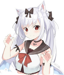  animal_ear_fluff animal_ears azur_lane bare_arms bare_shoulders black_bow black_choker black_sailor_collar blush bow cat_ears choker claw_pose closed_mouth commentary_request crop_top fang_out female hairbow hands_up kohakope long_hair oerba_yun_fang red_bow red_eyes sailor_collar school_uniform serafuku shirt simple_background sleeveless sleeveless_shirt smile solo twintails upper_body very_long_hair white_background white_hair white_shirt yukikaze_(azur_lane) 