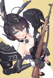  :d ammunition_pouch animal_ear_headphones animal_ears black_hair blue_eyes breasts breasts_apart cable commentary_request detached_collar elbow_gloves fake_animal_ears female field_radio fingerless_gloves from_above full_body garrison_cap gewehr_43 gloves gun gun_sling hair_between_eyes hat headphones highres holding holding_gun holding_weapon leotard looking_at_viewer mecha_musume oerba_yun_fang open_mouth original playboy_bunny pouch rabbit_ears rifle samaru_(seiga) short_hair skin_fang smile solo strapless strapless_leotard tactical_playboy_bunny throat_microphone trigger_discipline tsurime two-tone_background weapon white_background wrist_cuffs x yellow_background 