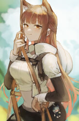  absurdres aiv animal_ear_fluff animal_ears arknights black_pants blunt_bangs brown_eyes brown_hair charm_(object) commentary crop_top female fox_ears franka_(arknights) franka_(rainforest_me_rainbow)_(arknights) highres liskarm_(arknights) long_hair long_sleeves looking_at_viewer midriff pants shirt smile solo stomach upper_body very_long_hair white_shirt 