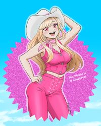  :d bandana barbie_(character) barbie_(character)_(cosplay) barbie_(franchise) barbie_(live_action) barbie_movie_poster_(meme) blonde_hair breasts cleavage cosplay cowboy_hat female hand_up hat highres kitagawa_marin large_breasts long_hair looking_at_viewer meme midriff_peek navel pants pink_bandana pink_eyes pink_pants shirt sleeveless sleeveless_shirt smile solo sono_bisque_doll_wa_koi_wo_suru yui_(jisatsu) 