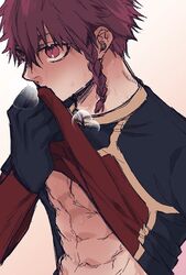  1boy abs black_gloves blue_lock braid clothes_lift commentary covered_mouth gloves gradient_background ichi01_lock kurona_ranze long_sleeves male_focus red_eyes red_hair shirt_lift short_hair single_braid solo sportswear upper_body 