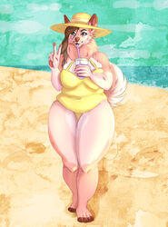  absurd_res anthro barefoot beach belly beverage big_breasts breasts brown_hair brown_nose bubble_tea canid canine canis charlotte_genevieve clothed clothing curvy_figure digital_media_(artwork) domestic_dog ears_through_headwear feet female fluffy fluffy_tail fur gesture hair hand_gesture hat headgear headwear hi_res mammal neck_tuft nordic_sled_dog one-piece_swimsuit outside overweight overweight_anthro overweight_female paws pink_body pink_fur samoyed sand sea seaside shore shoreline shouler_shurka sipping sky slightly_chubby smile solo spitz straw_(disambiguation) sun_hat swimwear tail thick_thighs toes tuft v_sign water wide_hips yellow_clothing yellow_swimwear young_adult 