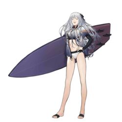  ak-12_(age_of_slushies)_(girls&#039;_frontline) ak-12_(girls&#039;_frontline) bikini black_ribbon braid breasts closed_eyes curly_hair duoyuanjun facing_viewer feet female french_braid full_body girls&#039;_frontline grey_hair hand_on_own_hip holding holding_surfboard jacket legs long_hair long_sleeves medium_breasts navel no_shoes official_alternate_costume official_art open_mouth ribbon sidelocks silver_bikini solo standing strap surfboard swimsuit teeth third-party_source toeless_legwear toes transparent_background upper_teeth_only very_long_hair 