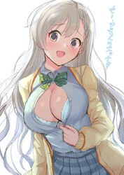  :d blue_bra blush bow bowtie bra braid breasts brown_cardigan brown_eyes cardigan cleavage collared_shirt earrings female green_bow green_bowtie grey_shirt grey_skirt head_tilt hisakawa_hayate idolmaster idolmaster_cinderella_girls jewelry large_breasts long_sleeves open_cardigan open_clothes open_mouth open_shirt partially_unbuttoned plaid plaid_bow plaid_bowtie plaid_skirt pleated_skirt school_uniform shirt simple_background skirt smile solo sousakubito translated underwear white_background white_hair 