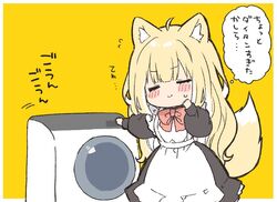  ahoge animal_ear_fluff animal_ears apron black_dress blonde_hair blush_stickers bow closed_eyes closed_mouth commentary_request dress female fox_ears fox_girl fox_tail frilled_apron frills fuwafuwa-chan_(kamiyoshi_rika) kamiyoshi_rika long_hair long_sleeves maid multicolored_hair original puffy_long_sleeves puffy_sleeves red_bow simple_background smile solo sweat tail translated two-tone_hair very_long_hair washing_machine white_apron white_hair yellow_background 