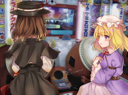  2girls arcade black_skirt blonde_hair brown_hair capelet drum fedora from_behind hat indoors instrument kevn maribel_hearn mascot mob_cap multiple_girls necktie playing_games purple_shirt purple_skirt shirt short_hair skirt taiko_drum taiko_no_tatsujin touhou usami_renko wada_don white_shirt 