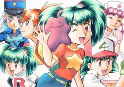  ;d apron ash_ketchum_(cosplay) bad_id bad_twitter_id baseball_cap black_gloves blue_hair blue_headwear blue_shirt breast_pocket closed_eyes closed_mouth commentary_request cosplay ditto dress duplica_(pokemon) elbow_gloves eyelashes female gloves green_gloves green_hair hand_up hat highres jacket jenny_(pokemon) jenny_(pokemon)_(cosplay) jessie_(pokemon) jessie_(pokemon)_(cosplay) joy_(pokemon) joy_(pokemon)_(cosplay) kasumi_(pokemon) logo long_hair looking_at_viewer misty_(pokemon)_(cosplay) multiple_views oka_mochi one_eye_closed open_mouth orange_hair orange_shirt pink_dress pocket pokemon pokemon_(anime) pokemon_(classic_anime) pokemon_(creature) purple_eyes purple_hair satoshi_(pokemon) shirt short_sleeves smile strap suspenders t-shirt team_rocket team_rocket_uniform tied_hair traditional_media twintails white_apron white_background white_headwear white_jacket yellow_shirt 