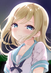  absurdres bad_id bad_twitter_id black_neckwear blue_eyes blue_sailor_collar blurry blurry_background blush braid closed_mouth collarbone commentary_request dated depth_of_field female hayasaka_ai haysaca_a._smithee highres kaguya-sama_wa_kokurasetai_~tensai-tachi_no_renai_zunousen~ light_brown_hair long_hair looking_at_viewer neki_(wakiko) nose_blush sailor_collar school_uniform serafuku shirt short_sleeves solo tears twitter_username upper_body wavy_mouth white_shirt 