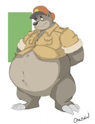  2019 anthro baloo bear belly big_belly bottomless bottomless_anthro bottomless_male canson claws clothed clothing colored disney fur hands_behind_back hat headgear headwear hi_res jacket male mammal mouth_closed navel obese obese_anthro obese_male overweight overweight_anthro overweight_male shaded signature sloth_bear solo standing talespin the_jungle_book toe_claws topwear ursine wide_eyed 