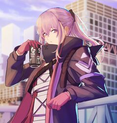  3_small_spiders absurdres blue_sky breasts commentary dress female girls&#039;_frontline gloves highres holding holding_jar house jacket jar long_hair looking_at_viewer open_clothes open_jacket open_mouth parted_lips pink_gloves pink_hair ponytail purple_eyes purple_jacket scenery simple_background sky small_breasts solo st_ar-15_(girls&#039;_frontline) st_ar-15_(mod3)_(girls&#039;_frontline) upper_body white_dress 