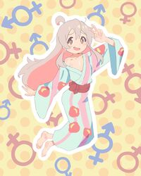  :d ahoge barefoot blush_stickers brown_eyes collarbone colored_inner_hair commentary female flat_chest floral_print full_body grey_hair gustavo_schuler hair_between_eyes hand_up highres japanese_clothes kimono long_hair long_sleeves male-female_symbol mars_symbol multicolored_hair off_shoulder onii-chan_wa_oshimai! open_mouth outline oyama_mahiro pink_hair polka_dot polka_dot_background sash simple_background single_bare_shoulder smile solo two-tone_hair v venus_symbol wavy_mouth white_outline wide_sleeves yellow_background yukata 