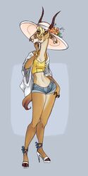  1:2 2017 alternate_costume amber_eyes ankle_strap_heels antelope anthro bottomwear bovid bracelet brown_eyes clothing cutoffs denim denim_bottomwear denim_clothing disney ear_piercing ear_ring female fingers footwear fur gazelle gazelle_(zootopia) halter_top hand_on_leg hand_on_thigh hat headgear headwear high_heeled_sandals high_heels hoof_heels hooved_fingers hooves horn jewelry looking_at_viewer mammal midriff multicolored_body multicolored_fur navel oversized_clothing piercing ring_piercing sandals shorts simple_background solo standing stiletto_heels sun_hat topwear two_tone_body two_tone_fur unusual_heels white_clothing white_footwear white_high_heels yellow_clothing yellow_topwear yelnatsdraws zootopia 