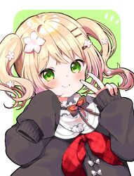  blonde_hair commentary_request female flower gradient_hair green_eyes hair_flower hair_ornament hairclip highres hololive jacket kosuzume medium_hair momosuzu_nene momosuzu_nene_(casual) multicolored_hair official_alternate_costume official_alternate_hair_length official_alternate_hairstyle pink_hair sleeves_past_fingers sleeves_past_wrists smile solo twintails upper_body virtual_youtuber w 