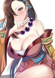  bare_shoulders bead_necklace beads blush breasts brown_eyes brown_hair cleavage cowboy_shot detached_sleeves female fire_emblem fire_emblem_fates fire_emblem_heroes hair_ornament hair_over_one_eye hand_up highres japanese_clothes jewelry kagero_(fire_emblem) kagero_(winds_offered)_(fire_emblem) kimono large_breasts long_hair looking_at_viewer mature_female necklace official_alternate_costume pelvic_curtain ponytail short_kimono sitting smile solo tara_(szzj7733) thighs white_background 