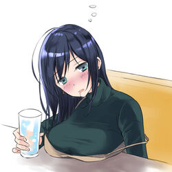  bad_id bad_twitter_id black_hair blue_eyes breast_rest breasts brown_dress commentary_request dress drink drooling drunk female glass green_sweater kantai_collection kurage1 large_breasts long_hair official_alternate_costume saliva simple_background sitting solo souryuu_(kancolle) strap_slip sweater turtleneck upper_body white_background 