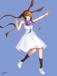  :d absurdres amiya_(arknights) animal_ear_fluff animal_ears arknights ascot bare_arms bare_shoulders black_socks blue_background brown_hair commentary_request dress female floating_hair full_body hair_between_eyes highres long_hair looking_at_viewer omuretu_(butterroru) outstretched_arm ponytail purple_ascot rabbit_ears shoes sidelocks signature simple_background sleeveless sleeveless_dress smile socks solo teeth upper_teeth_only very_long_hair white_dress white_footwear 