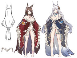  2girls alternate_costume amagi_(azur_lane) animal_ears azur_lane blue_nightgown breasts brown_hair cleavage commentary_request frilled_nightgown full_body highres huge_breasts long_hair multiple_girls nightgown off_shoulder panties partial_commentary purple_eyes red_nightgown see-through shinano_(azur_lane) shiokonbu simple_background underwear very_long_hair white_background white_hair white_panties 