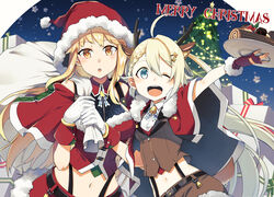  2girls ;d ahoge amatsuki_colors animal_costume animal_ears antlers arm_grab arm_up asymmetrical_docking bell belt black_belt black_gloves blonde_hair blue_ribbon braid braided_bangs breast_press breasts brown_shorts brown_vest cake capelet christmas christmas_tree collared_shirt commentary_request cv9030_fin deer_ears dress_shirt english_text fake_animal_ears fake_antlers fingerless_gloves food fruit fur-trimmed_capelet fur-trimmed_shirt fur-trimmed_shorts fur-trimmed_skirt fur_trim gift gloves hair_ornament hat highres holding holding_plate holding_sack horns leaning_to_the_side leopard_2a4_fin long_hair medium_hair merry_christmas midriff miniskirt multiple_girls navel neck_bell neck_ribbon night night_sky one_eye_closed open_mouth outdoors over_shoulder partial_commentary plate red_capelet red_headwear red_shirt reindeer_antlers reindeer_costume ribbon rick_g_earth sack santa_costume santa_hat shirt shorts side-by-side skirt sky sleeveless sleeveless_shirt smile snow star_ornament strawberry suspender_shorts suspenders very_long_hair vest white_gloves white_shirt wing_collar yellow_eyes 