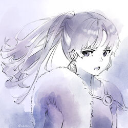  bad_id bad_pixiv_id female fur_trim han&#039;you_no_yashahime highres inuyasha japanese_clothes long_hair looking_at_viewer monochrome o-ring open_mouth ponytail purple_theme rokstor setsuna_(inuyasha) sidelocks simple_background solo upper_body 