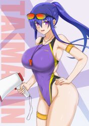  akiyama_rinko blue_hair breasts commentary_request competition_swimsuit covered_navel cowboy_shot english_text eyewear_on_head female hand_on_own_hip highleg highleg_swimsuit highres large_breasts lifeguard long_hair looking_at_viewer megaphone one-piece_swimsuit purple_eyes purple_one-piece_swimsuit rekka_(alo4610) sidelocks solo sports_sunglasses standing sunglasses swimsuit taimanin_(series) taimanin_rpgx taimanin_yukikaze whistle whistle_around_neck 