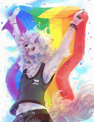  2022 absurd_res angora_ferret anthro armpit_tuft chest_tuft clothing confetti demisexual_pride_colors digital_media_(artwork) digital_painting_(artwork) domestic_ferret european_polecat flag fur happy hi_res lgbt_pride long_tail male mammal mustelid musteline pride_colors prince-o-sky rainbow_flag rainbow_pride_flag rainbow_symbol shaded shirt smile solo tail tank_top topwear true_musteline tuft watermark weasel white_body white_fur wristband 