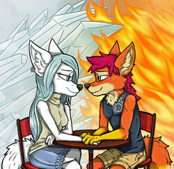  4_fingers anthro arctic_fox bad_guy_cafe blue_eyes blue_hair canid canine date duo ear_piercing female fingers fire fire_(firefox) fox fur hair ice ice_ravdottir_(firefox) male mammal orange_body orange_fur piercing pink_hair true_fox white_body white_fur yellow_body yellow_fur ziegelzeig 