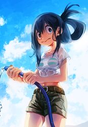  :&gt; asui_tsuyu belt boku_no_hero_academia bra brown_belt cloud day female green_shorts hair_between_eyes hair_rings holding holding_hose hose looking_at_viewer navel ohhhhhhtsu outdoors shirt shorts sky solo striped_bra striped_clothes underwear water wet wet_clothes wet_shirt 