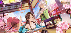  2girls :p absurdres akizero1510 barefoot blue_kimono blue_sky book breasts brown_hair cherry_blossoms cleavage closed_eyes closed_mouth commentary_request day eating flower food green_kimono hair_ornament hair_stick highres holding holding_food indoors japanese_clothes kimono long_hair lying makizushi medium_breasts multiple_girls oil-paper_umbrella on_stomach open_book parted_bangs parted_lips petals pink_flower seiza shirt sitting sky sushi takenaka_hanbee_(dragirls) tassel the_pose the_symphony_of_dragon_and_girls tongue tongue_out umbrella white_shirt yagyuu_juubei_(dragirls) 