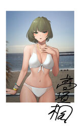  :d beach bikini blue_eyes blush bracelet breasts cleavage covered_nipples earrings explosive female green_hair grenade heterochromia highres idolmaster idolmaster_cinderella_girls jewelry looking_at_viewer mole mole_under_eye navel necklace open_mouth outdoors photo_(object) senju_(snz0) smile solo swimsuit takagaki_kaede white_bikini 