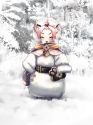  akegata_tobari animal_ear_fluff animal_ears animal_print bag bangs_pinned_back belt breath cat_ears cat_girl cat_print closed_eyes coat diona_(genshin_impact) fangs female forehead genshin_impact hair_ribbon happy highres open_mouth pink_hair ribbon shoes short_hair smile snow solo standing tree winter winter_clothes winter_coat 