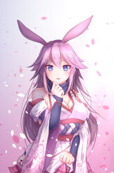  :d animal_ears bare_shoulders breasts cherry_blossoms cleavage commentary_request female fox_ears fox_mask highres honkai_(series) honkai_impact_3rd japanese_clothes long_hair looking_at_viewer mask miko open_mouth petals pink_background pink_hair pink_skirt purple_eyes s-masa_7131 skirt smile solo white_sleeves yae_sakura yae_sakura_(gyakushinn_miko) 