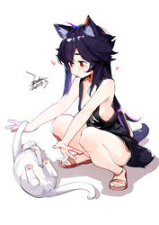  animal animal_ears bare_shoulders black_hair black_shirt black_shorts breasts chinese_commentary commentary_request dated ejami ekko_(ejami) feline female fox_ears fox_girl fox_tail heart highres long_hair looking_down lying nail_polish no_bra on_back original red_eyes red_nails sandals shirt shorts signature simple_background small_breasts solo squatting tail toenail_polish toenails white_background 