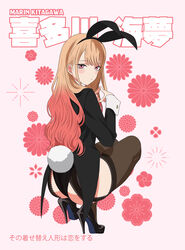  absurdres animal_ears ass black_footwear black_leotard black_thighhighs blonde_hair blush character_name closed_mouth colorized commentary copyright_name fake_animal_ears fake_tail female flower_(symbol) from_behind fukuda_shinichi full_body garter_straps gradient_hair hairband high_heels highres index_fingers_together kitagawa_marin leotard long_hair long_sleeves looking_at_viewer looking_back multicolored_hair pawowe pink_background pink_hair playboy_bunny pout rabbit_ears rabbit_tail red_eyes solo sono_bisque_doll_wa_koi_wo_suru squatting stiletto_heels tail tailcoat tailcoat_playboy_bunny thighhighs third-party_edit two-tone_hair wrist_cuffs 