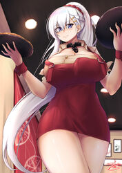  apron azur_lane beige_shirt belfast_(azur_lane) belfast_(piping-hot_perfection)_(azur_lane) blue_eyes blush braid breasts broken broken_chain ceiling chains cleavage collar collarbone commentary_request earrings eyebrows_hidden_by_hair female food french_braid from_below hair_ornament hair_scrunchie hairclip highres holding holding_tray ibara_azuki indoors jewelry lamp large_breasts light_smile long_hair looking_at_viewer low_neckline maid official_alternate_costume pizza ponytail poster_(object) red_apron red_scrunchie scrunchie short_sleeves sidelocks signature smile solo standing strap_slip tray white_hair wrist_cuffs 