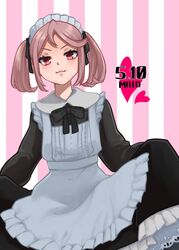  :3 alternate_costume apron black_dress commentary_request cowboy_shot dated dress enmaided female frilled_apron frills hair_bobbles hair_ornament highres johssnny kantai_collection looking_at_viewer maid maid_day pink_eyes pink_hair sazanami_(kancolle) school_uniform serafuku short_hair skirt_hold smile solo striped striped_background twintails white_apron 