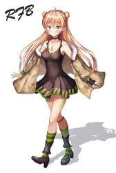  absurdres ahoge bare_shoulders black_choker black_dress black_footwear black_gloves blush breasts brown_hair camouflage camouflage_jacket choker cleavage collarbone dog_tags double_bun dress female fingerless_gloves fur_trim girls&#039;_frontline gloves green_eyes hair_between_eyes hair_bun haneiro highres jacket jewelry kneehighs long_hair looking_at_viewer necklace off_shoulder photoshop_(medium) rfb_(girls&#039;_frontline) shoes short_dress single_glove sleeveless smile socks solo striped_clothes striped_socks tongue tongue_out vertical-striped_clothes vertical-striped_socks 