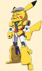  core_gundam crossover detective_pikachu detective_pikachu_(character) detective_pikachu_(movie) emphasis_lines gundam gundam_build_divers gundam_build_divers_re:rise joints mecha mechanical_tail niiyan no_humans parody pikachu pokemon robot robot_joints solo tail wrinkled_frown_(detective_pikachu) yellow_background 