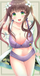  aru_(arudes) blush breasts brown_hair cleavage collarbone commentary_request crop_top female flower gochuumon_wa_usagi_desu_ka? green_eyes hair_flower hair_ornament highres large_breasts long_sleeves looking_at_viewer short_shorts shorts sidelocks smile solo twintails ujimatsu_chiya 