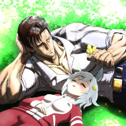  1boy animal_ears bug butterfly butterfly_on_hand commentary_request female flower hokuto_no_ken horse_ears horse_girl md5_mismatch resolution_mismatch seiun_sky_(umamusume) short_hair sleeping source_smaller tomotan_(pixiv_30448887) tracen_training_uniform trainer_(umamusume) umamusume 