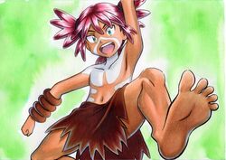  1boy :d arm_up bad_id bad_twitter_id barefoot bodypaint clenched_hand collarbone commentary_request feet green_background green_eyes highres koko_(pokemon) male_focus navel oka_mochi open_mouth pokemon pokemon_(anime) pokemon_the_movie:_secrets_of_the_jungle red_hair smile soles solo spread_legs teeth tied_hair toes tongue topless_male traditional_media upper_teeth_only 