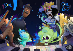  2boys afro black_hair black_sweater brook closed_mouth crossover crown dark_skin dark_skinned_male demong3 facial_hair glasses hat instrument joe_gardner male_focus moustache multiple_boys one_piece open_mouth piano skeleton skull soul_(film) spirit sweater 