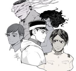  4boys artist_name bandaged_head bandages bangs black_eyes black_hair buttons cape closed_mouth collar collared_jacket collared_shirt curly_hair dark_skin dark_skinned_male edogai_yasaku facial_hair female from_side goatee golden_kamuy greyscale hair_slicked_back hat hood hood_down hooded_cape hooded_coat igogusa imperial_japanese_army jacket kepi koito_otonoshin long_hair looking_away military military_hat military_uniform monochrome moustache multiple_boys one_eye_covered parted_bangs parted_lips pocket shirt short_hair signature simple_background smile star_(symbol) stubble tsukishima_hajime tsurumi_tokushirou uniform upper_body white_background yoshimi 