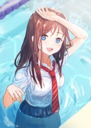  absurdres akaike blue_eyes blush breasts brown_hair caustics female hand_on_forehead highres lane_line large_breasts long_hair looking_at_viewer necktie original pool red_necktie school_uniform shirt smile uniform wading wet wet_clothes wet_shirt white_shirt 