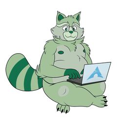  1:1 2021 3_toes 4_fingers animated anthro arch_linux bent_arm claws computer digital_media_(artwork) electronics feet fingers fred_(fredrick_brennan) fur green_body green_fur helensan linux logo male mammal markings navel nipples nude overweight overweight_anthro overweight_male procyonid raccoon scratching scratching_belly short_playtime sitting solo striped_body striped_fur striped_markings striped_tail stripes tail tail_markings toe_claws toes typing 