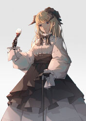  absurdres alcohol black_gloves blonde_hair blush bow bowtie breasts brown_bow brown_bowtie brown_dress brown_hat cane closed_mouth commentary_request cup dress drinking_glass feet_out_of_frame female gloves hat highres holding holding_cup horns layered_dress long_hair long_sleeves medium_breasts mob_cap original puffy_sleeves qizhongji red_eyes simple_background solo standing tilted_headwear white_background white_dress wine wine_glass 