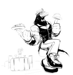  anthro balancing_object black_and_white bow_tie classy clothed clothing digital_drawing_(artwork) digital_media_(artwork) dress_shoes gloves handwear hi_res humanoid male mammal monochrome monster multi_eye muscular muscular_male reptile restaurant scalie scp-682 scp-682-b scp_foundation solo styx_nacht_ii suit the-hydroxian thick_fur topwear vest waiter waiter_tray 