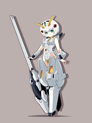  absurdres advance_of_zeta breasts brown_background commentary female green_eyes grey_leotard gun gundam head_tilt highres holding holding_gun holding_weapon humanization ishiyumi leotard mecha_musume open_hand red_nails shadow small_breasts solo tr-6_woundwort weapon white_hair 